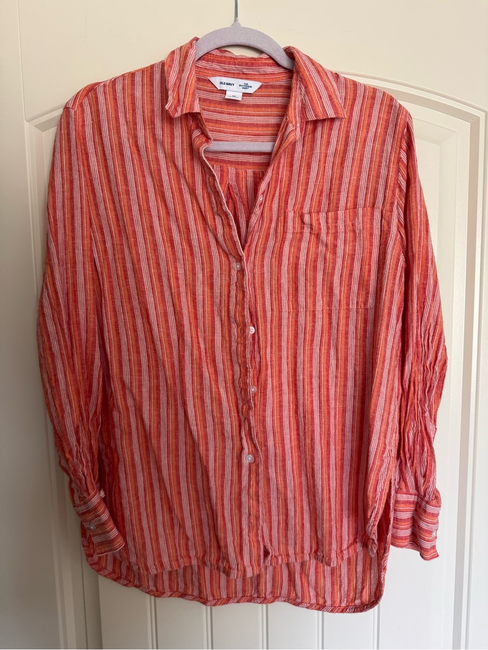 Women’s Striped Boyfriend Button-Up Shirt - Red and Orange Stripe